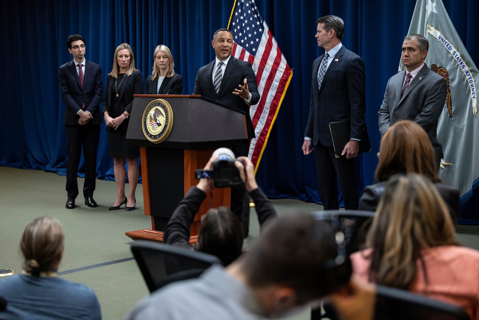 United States Attorney for the Eastern District of New York Breon Peace speaks during a press conference in regards to the arrests of former Abercrombie & Fitch CEO Mike Jeffries and his partners as part of sex trafficking investigation at the U.S. Attorney's Office, Tuesday, Oct. 22, 2024, in New York. (AP Photo/Yuki Iwamura)