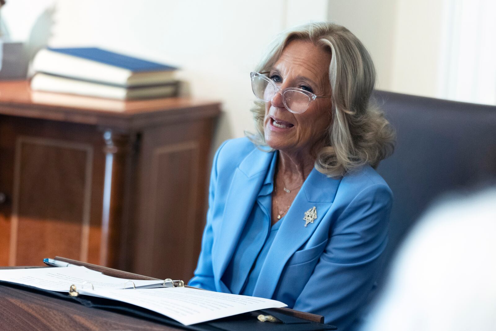 First lady Jill Biden, speaks during a cabinet meeting presided over by President Joe Biden, in the Cabinet Room of the White House, Friday, Sept. 20, 2024. (AP Photo/Manuel Balce Ceneta)