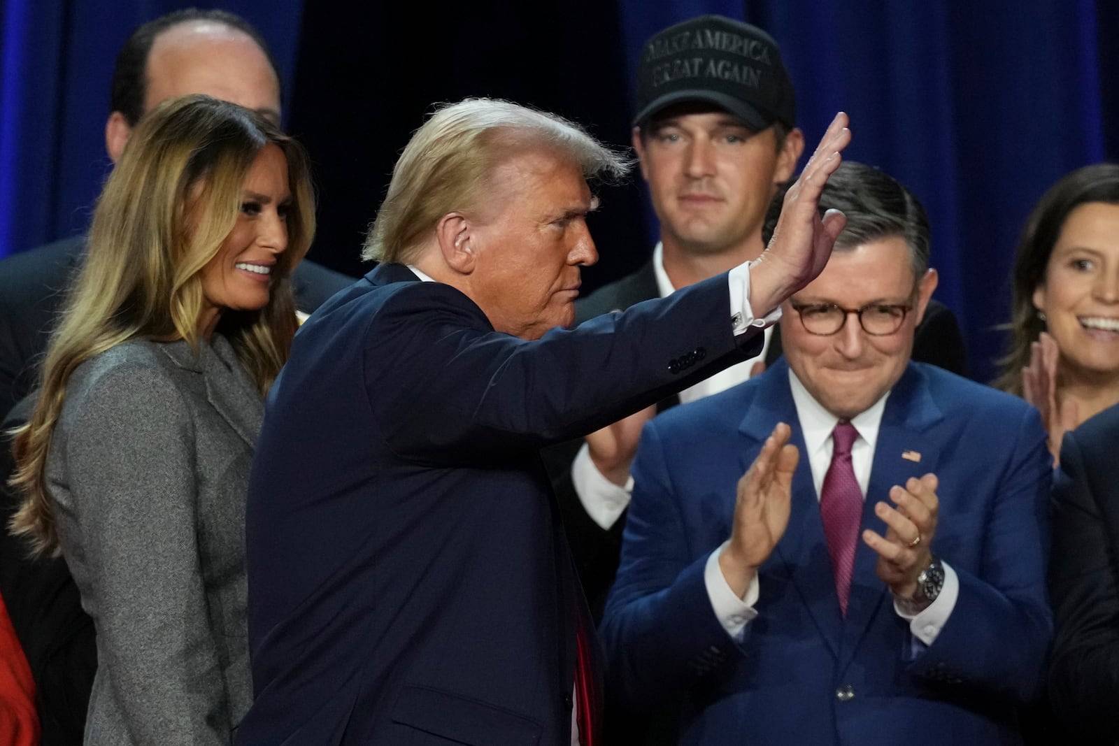 Republican Presidential nominee former President Donald Trump waves after speaking at the Palm Beach County Convention Center during an election night watch party, Wednesday, Nov. 6, 2024, in West Palm Beach, Fla. (AP Photo/Lynne Sladky)