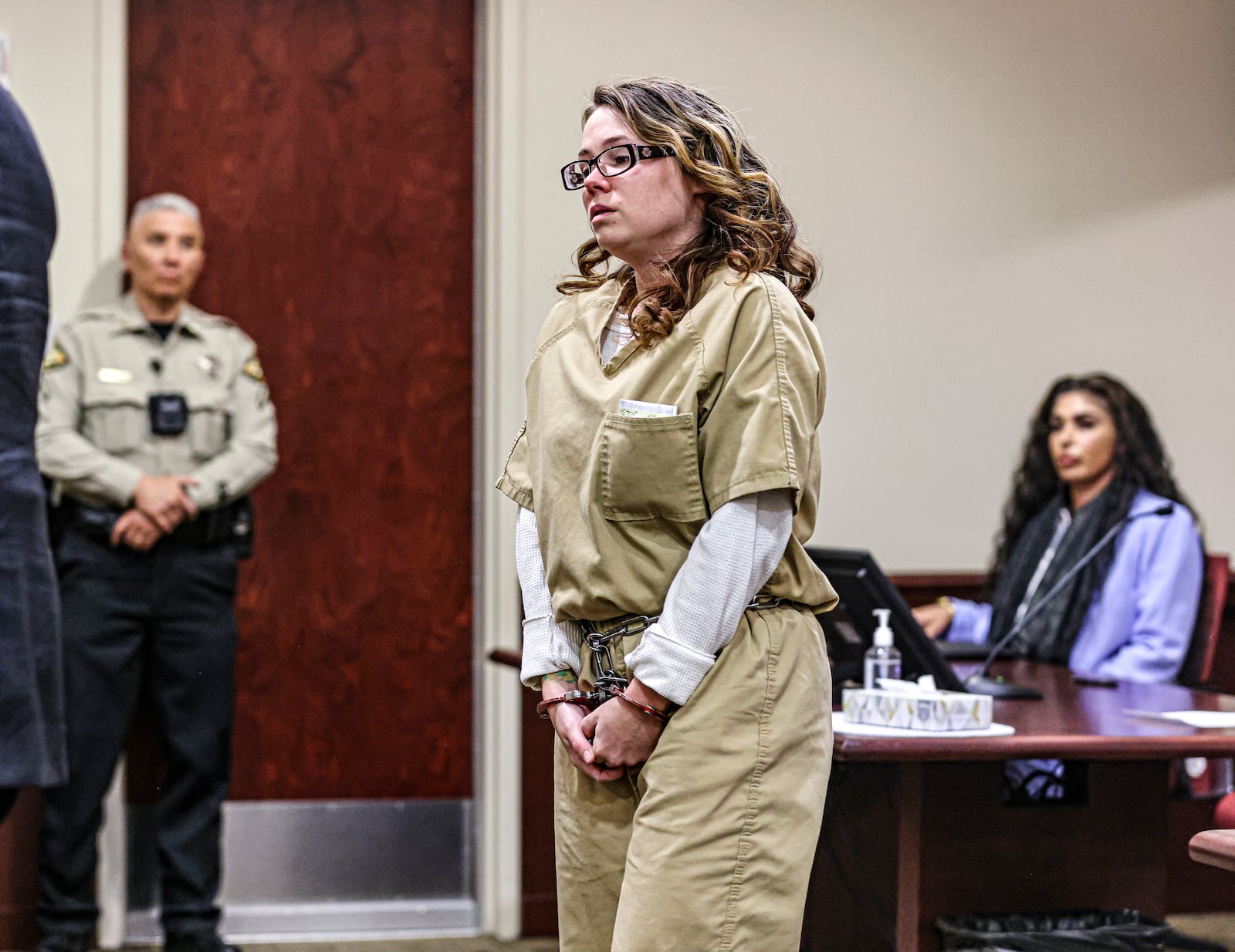 Hannah Gutierrez-Reed, the weapons supervisor on the set of the Western film “Rust," steps forward to address Judge T. Glenn Ellington during a plea hearing at the First Judicial District Courthouse in Santa Fe, N.M., Monday, Oct. 7, 2024. (Gabriela Campos/Santa Fe New Mexican via AP, Pool)