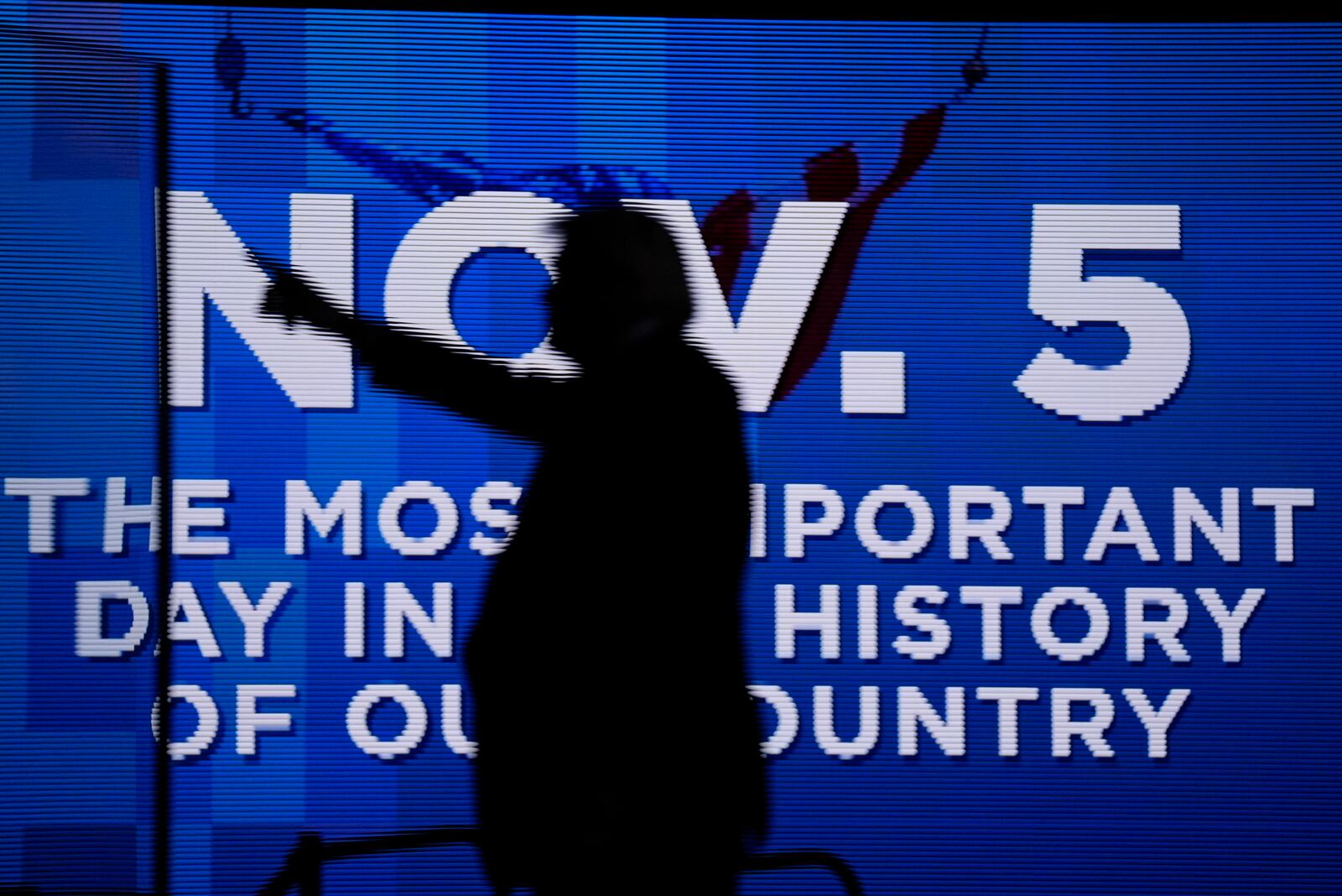 Republican presidential nominee former President Donald Trump stands on stage after speaking at a campaign rally at the Butler Farm Show, Saturday, Oct. 5, 2024, in Butler, Pa. (AP Photo/Evan Vucci)