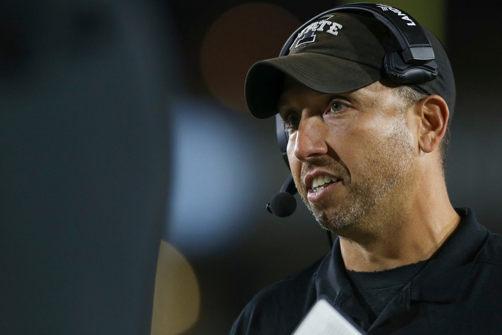 Iowa State head coach Matt Campbell reacts during the first half of an NCAA college football game against West Virginia, Saturday, Oct. 12, 2024, in Morgantown, W.Va. (AP Photo/William Wotring)