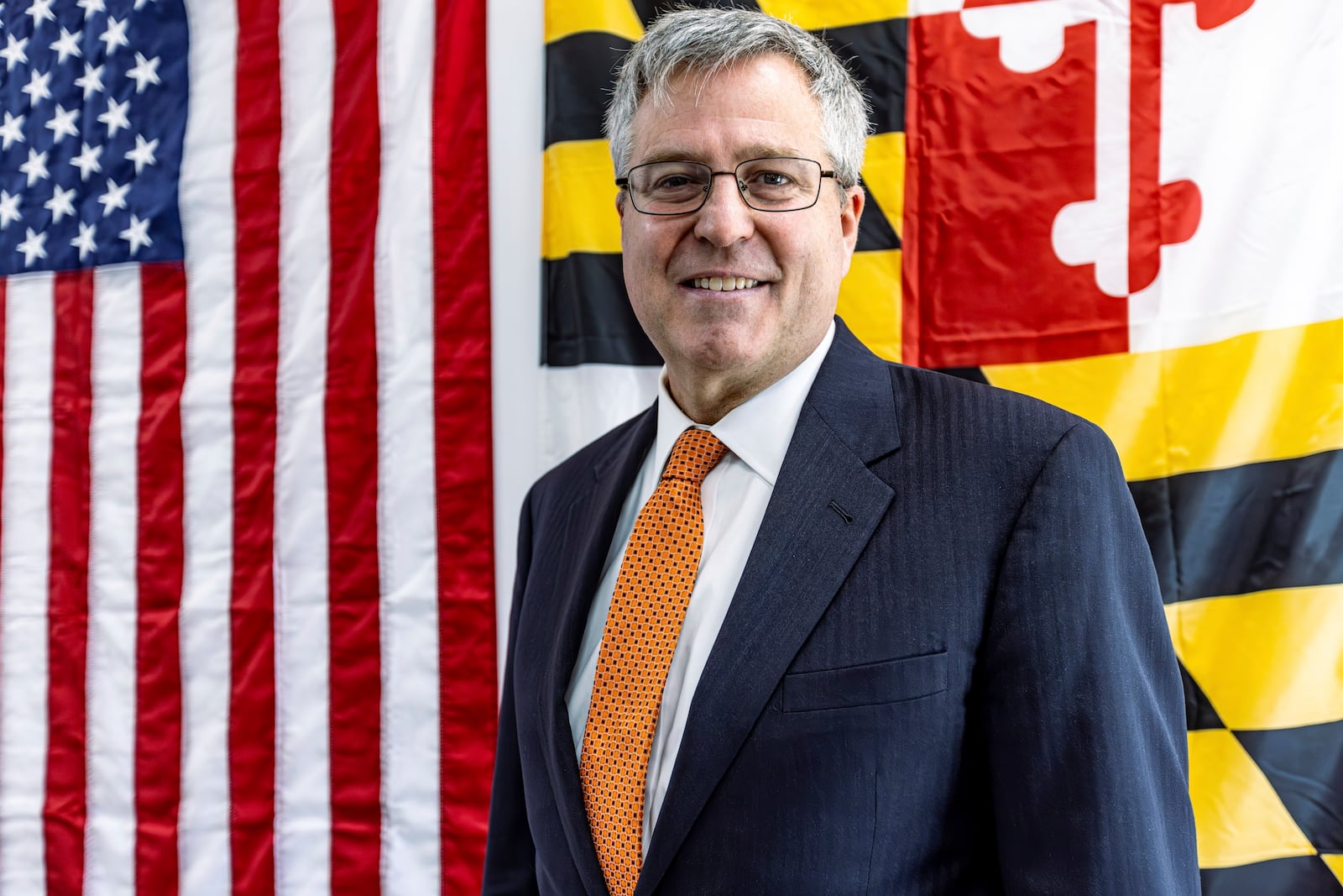 Neil Parrott, Republican candidate for Maryland's Sixth Congressional District, poses for a portrait after speaking during a press conference, Friday, Oct. 11, 2024, in Frederick, Md. (AP Photo/Alyssa Howell)