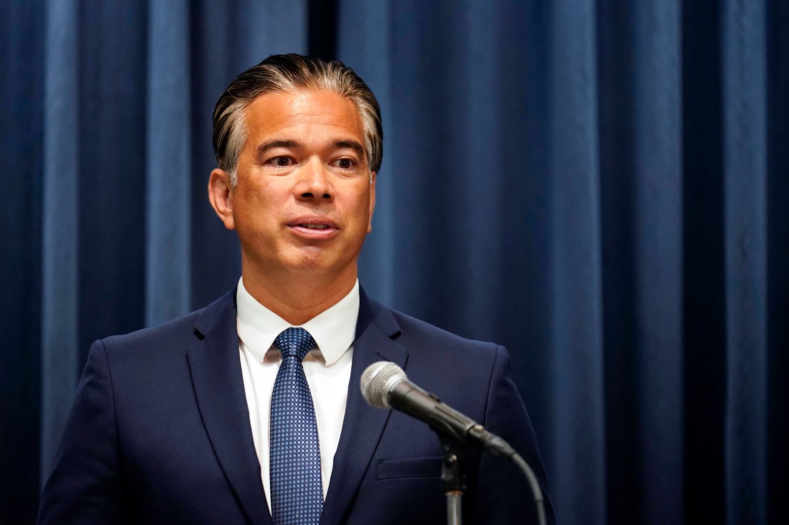 FILE - California Attorney General Rob Bonta fields questions during a press conference Monday, Aug. 28, 2023, in Los Angeles. (AP Photo/Marcio Jose Sanchez, File)