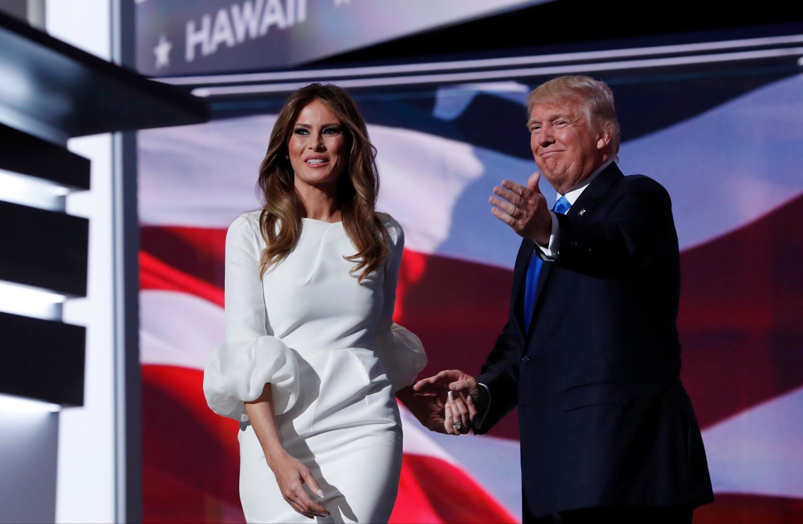 FILE - Melania Trump, wife of Republican presidential nominee Donald Trump walks to the stage as Donald Trump introduces her during the opening day of the Republican National Convention in Cleveland, July 18, 2016. (AP Photo/Carolyn Kaster, File)