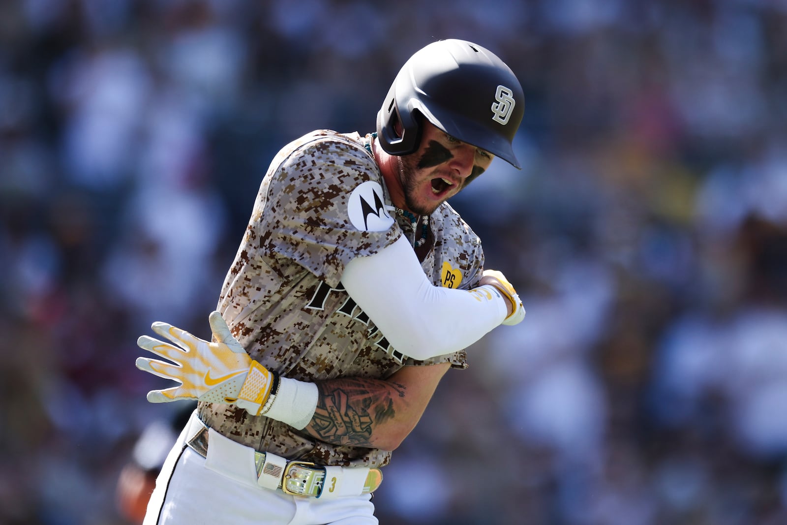 San Diego Padres' Jackson Merrill reacts after flying out to right field in the seventh inning of a baseball game against the Chicago White Sox, Sunday, Sept. 22, 2024, in San Diego. (AP Photo/Derrick Tuskan)