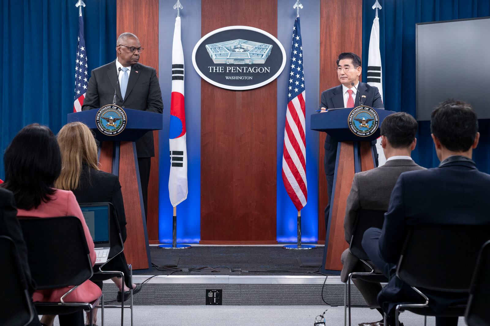 Defense Secretary Lloyd Austin, left, and South Korean Defense Minister Kim Yong Hyun, right, hold a joint press briefing at the Pentagon on Wednesday, Oct. 30, 2024 in Washington. (AP Photo/Kevin Wolf)