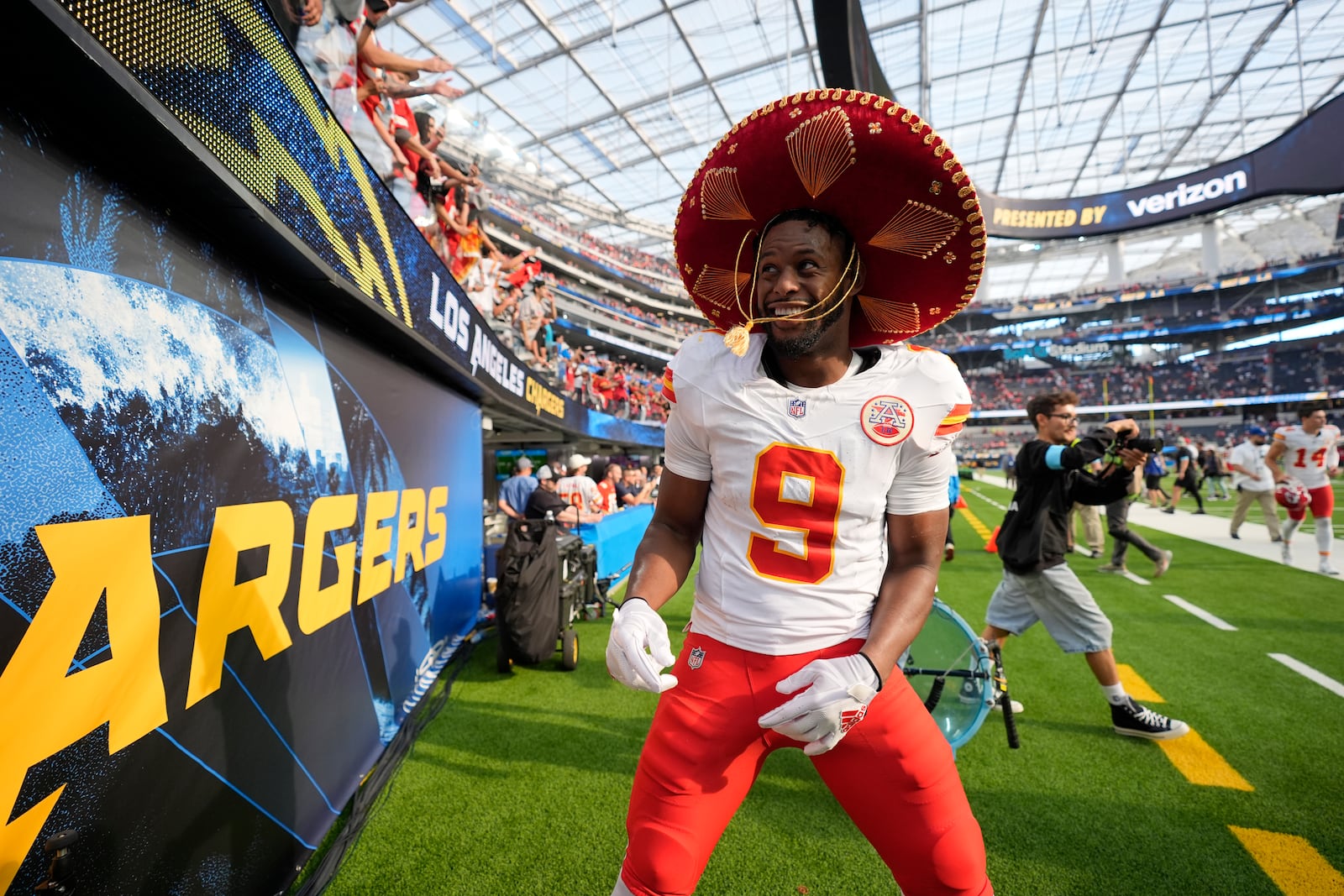 Kansas City Chiefs wide receiver JuJu Smith-Schuster celebrates following an NFL football game against the Los Angeles Chargers Sunday, Sept. 29, 2024, in Inglewood, Calif. The Chiefs won 17-10. (AP Photo/Ashley Landis)