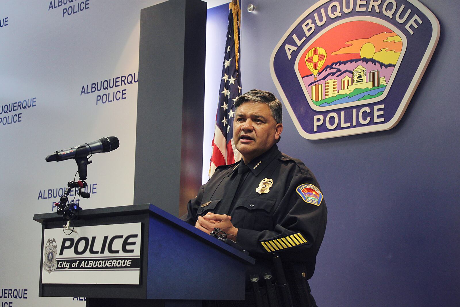 FILE - Albuquerque Police Chief Harold Medina addresses an ongoing investigation into possible corruption within the department's DWI unit during a news conference at police headquarters in Albuquerque, N.M., Feb. 2, 2024. (AP Photo/Susan Montoya Bryan, File)