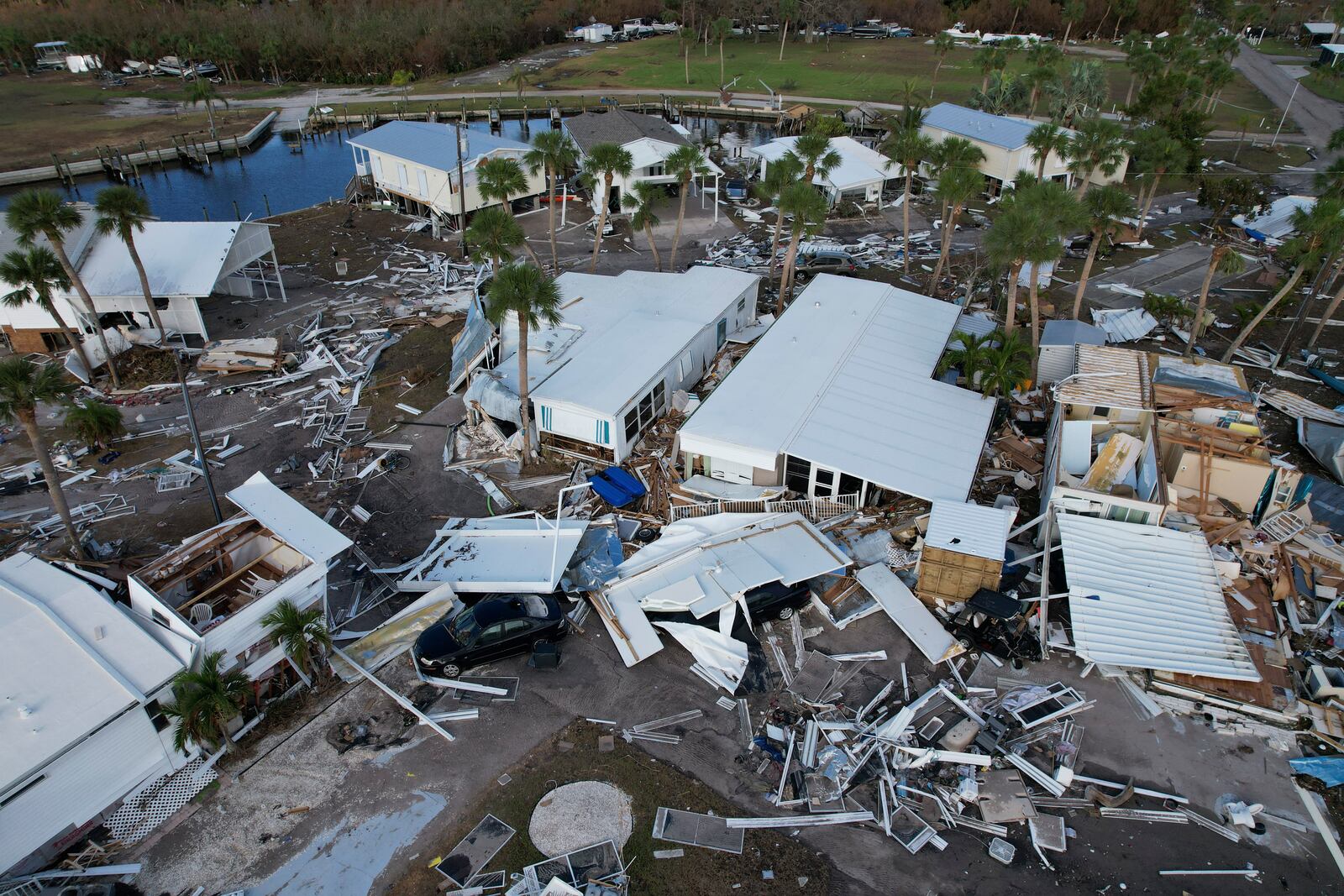 Homes destroyed by Hurricane Milton are seen in Grove City, Fla., Saturday, Oct. 12, 2024. (AP Photo/Rebecca Blackwell)