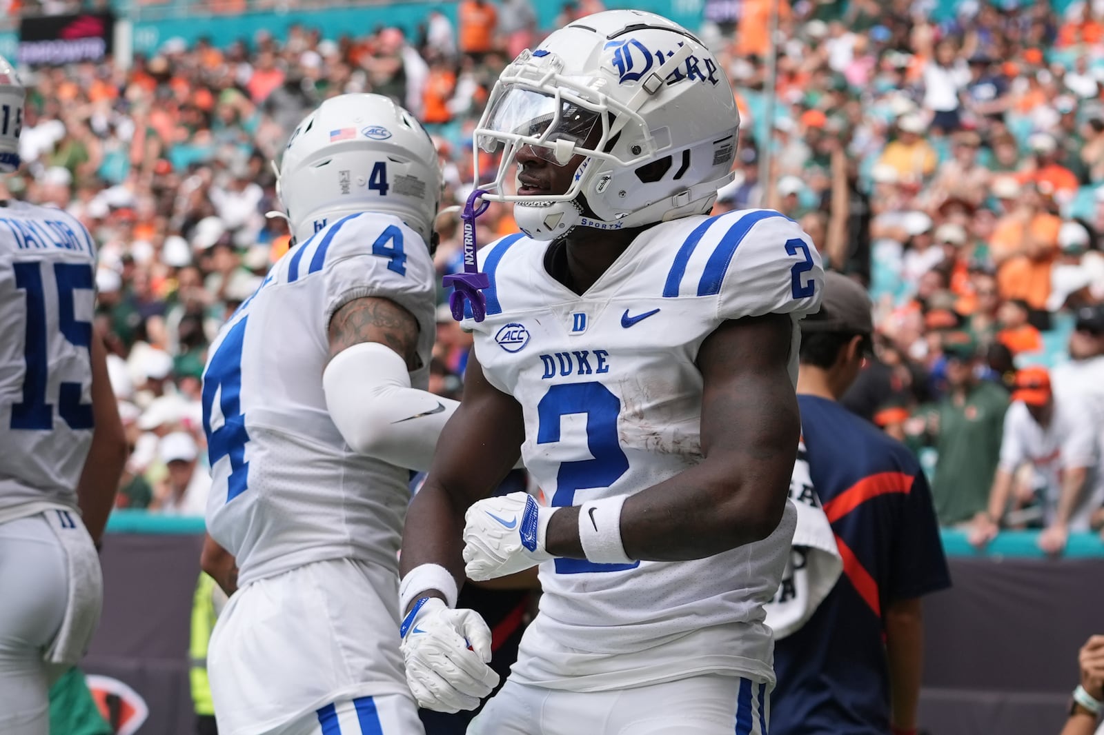 Duke wide receiver Sahmir Hagans (2) reacts after scoring a touchdown during the first half of an NCAA college football game against Miami, Saturday, Nov. 2, 2024, in Miami Gardens, Fla. (AP Photo/Lynne Sladky)