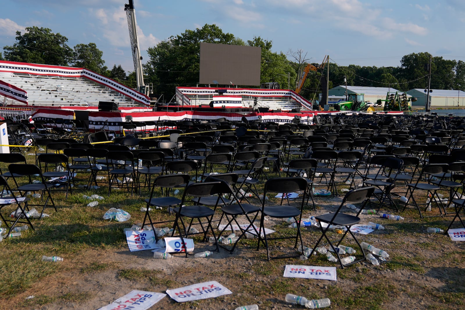 FILE - A campaign rally site for Republican presidential candidate former President Donald Trump is empty and littered with debris July 13, 2024, in Butler, Pa. (AP Photo/Evan Vucci, File)