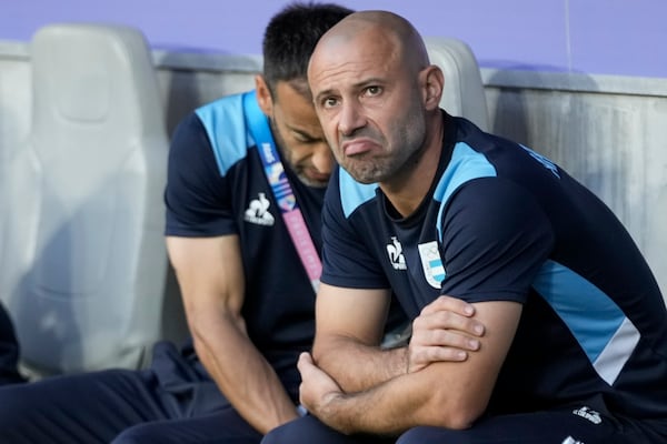 FILE - Argentina's head coach Javier Mascherano reacts before the quarter final soccer match between France and Argentina, at Bordeaux Stadium, during the 2024 Summer Olympics, on Aug. 2, 2024, in Bordeaux, France. (AP Photo/Moises Castillo, File)