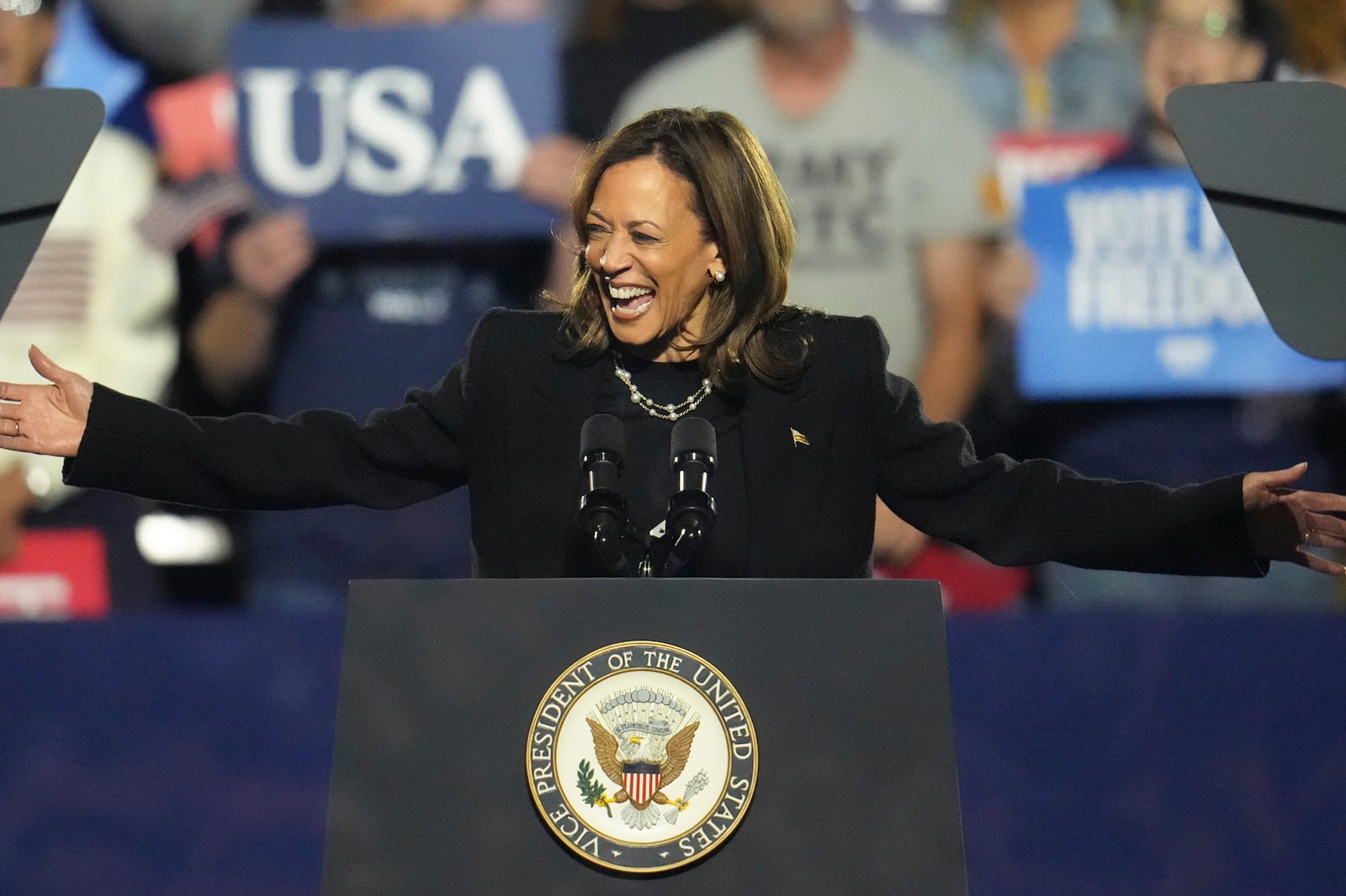 Democratic presidential nominee Vice President Kamala Harris speaks during a campaign rally at Carrie Blast Furnaces in Pittsburgh, Monday, Nov. 4, 2024. (AP Photo/Gene J. Puskar)