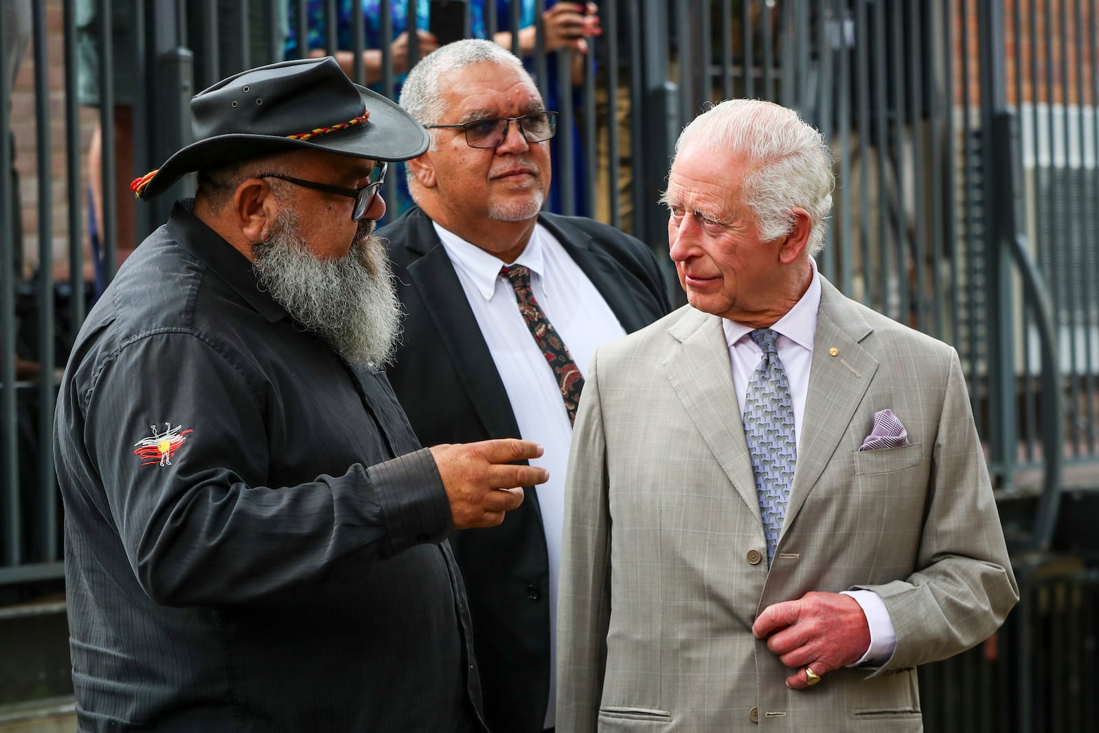 Britain's King Charles III, right, visits the National Centre of Indigenous Excellence on Tuesday Oct. 22, 2024 in Sydney, Australia. (Lisa Maree Williams/Pool Photo via AP)