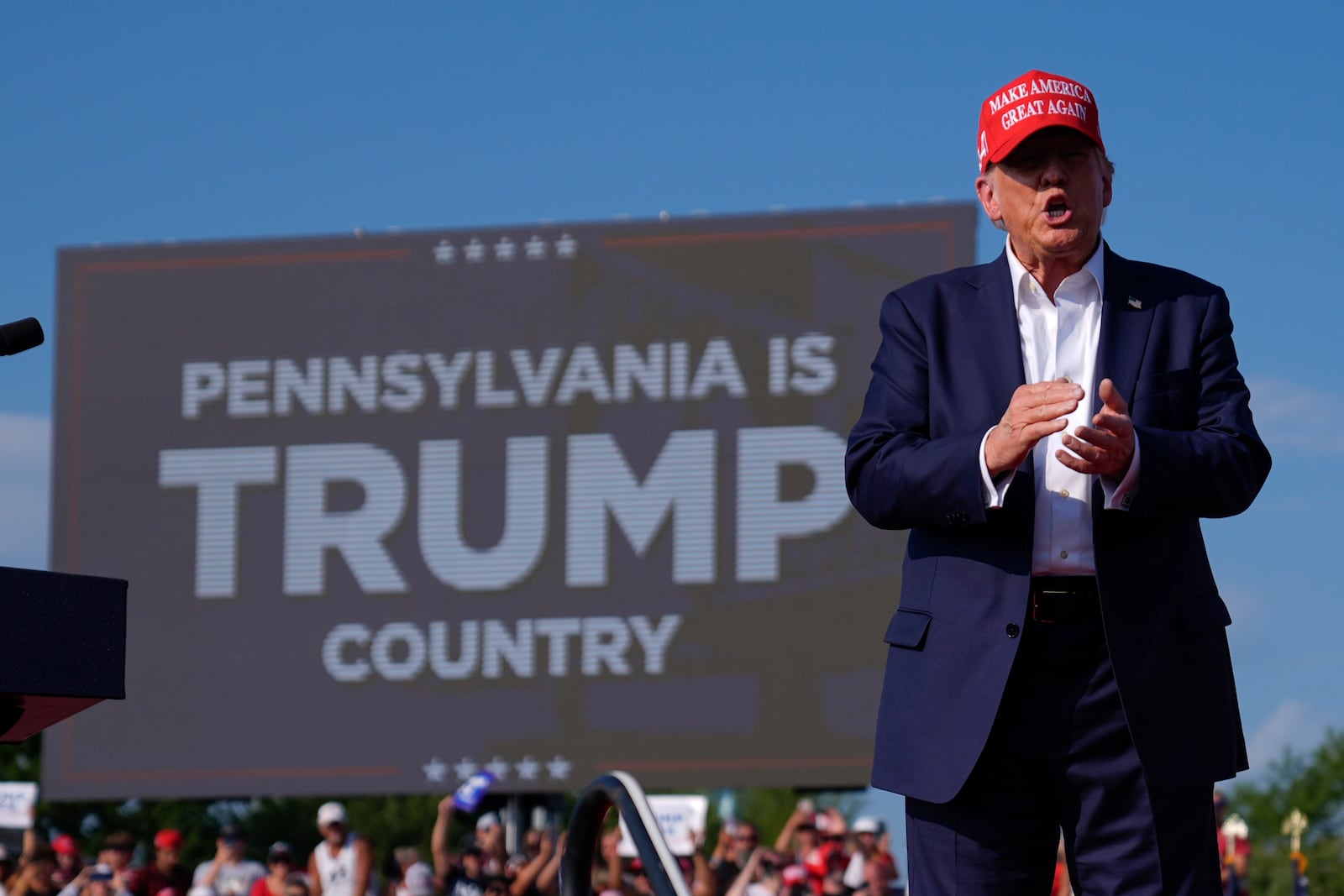 FILE - Republican presidential candidate former President Donald Trump arrives for a campaign rally, July 13, 2024, in Butler, Pa. (AP Photo/Evan Vucci, File)