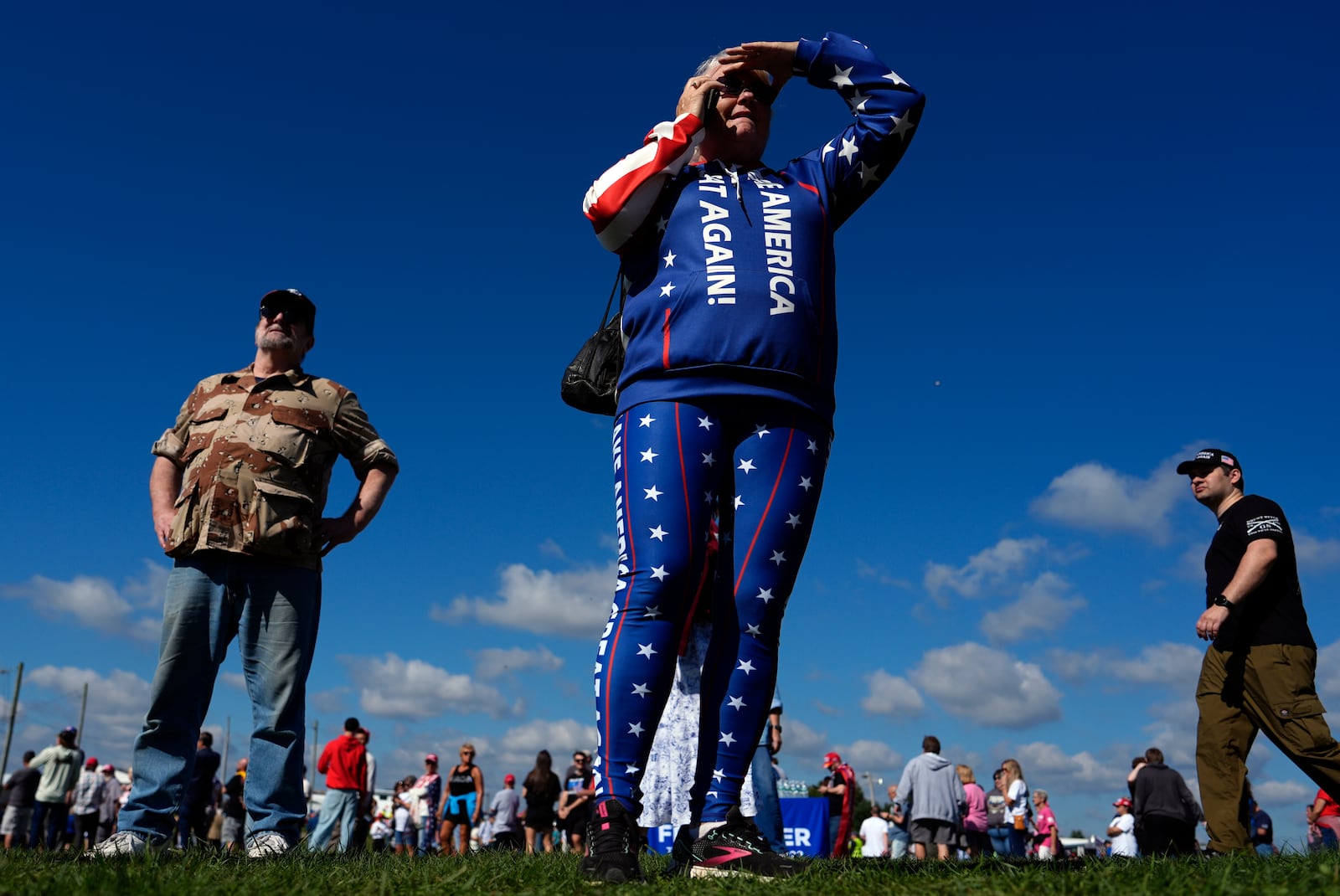 Supporters arrive before Republican presidential nominee former President Donald Trump speaks at a campaign rally at the Butler Farm Show, Saturday, Oct. 5, 2024, in Butler, Pa. (AP Photo/Julia Demaree Nikhinson)