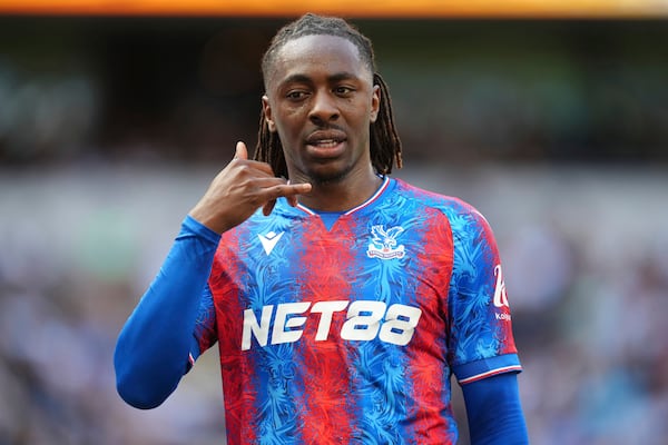 Crystal Palace's Eberechi Eze celebrates scoring his side's opening goal during the English Premier League soccer match between Tottenham Hotspur and Crystal Palace, at Tottenham Hotspur Stadium, London, Sunday May 11, 2025. (John Walton/PA via AP)
