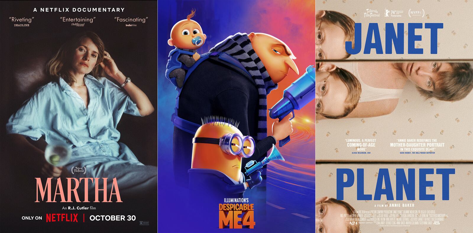 This combination of images shows promotional art for the documentary "Martha," from left, the animated film "Despicable Me 4," and the film "Janet Planet." (Netflix/Universal Pictures/A24 via AP)