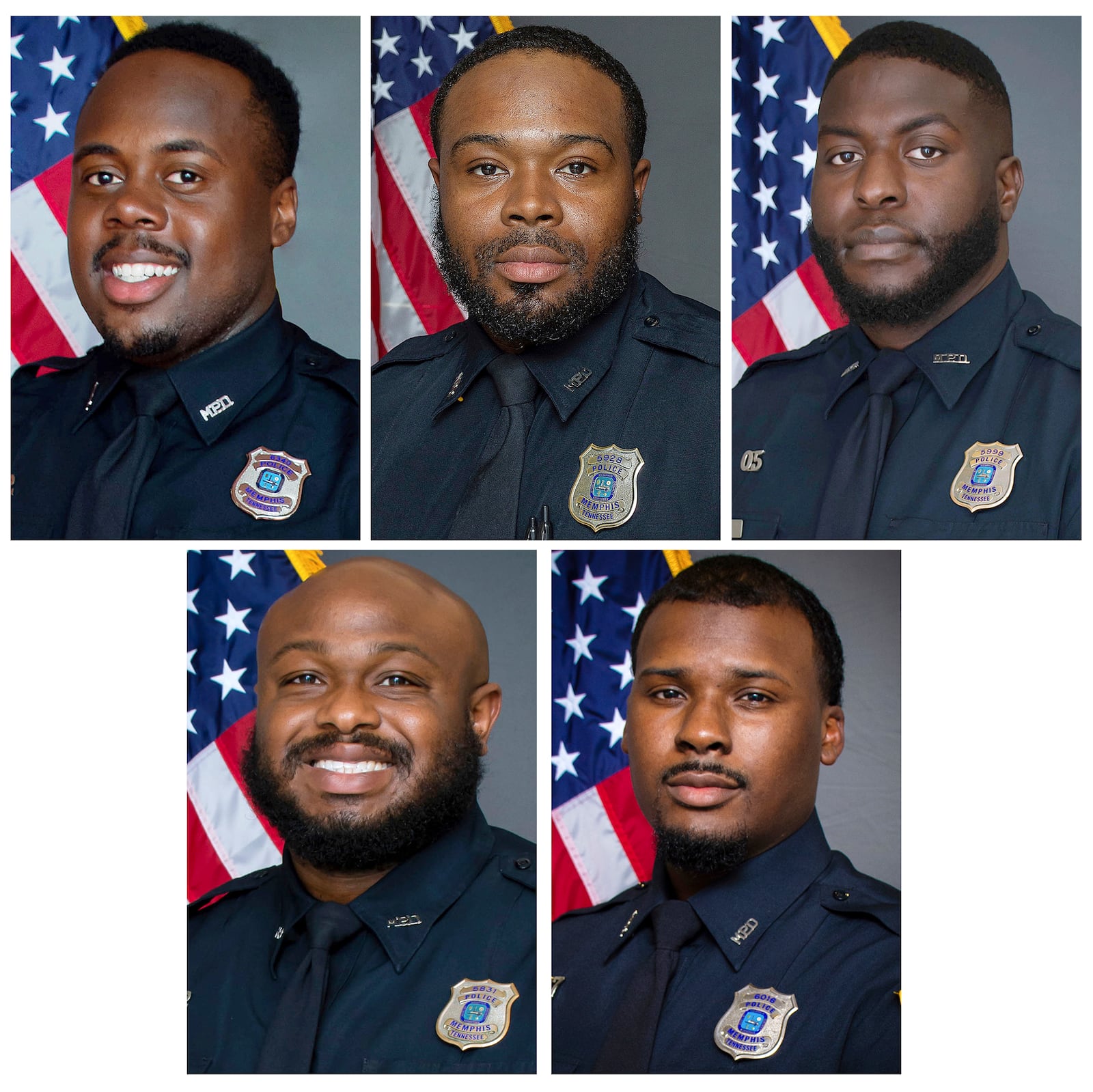 FILE - This combo of images provided by the Memphis, Tenn., Police Department shows, top row from left, officers Tadarrius Bean, Demetrius Haley, Emmitt Martin III, and bottom row from left, Desmond Mills Jr. and Justin Smith. (Memphis Police Department via AP, File)