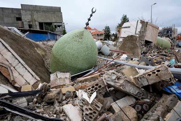 A destroyed mosque in the town of Bint Jbeil, southern Lebanon, following a ceasefire between Israel and Hezbollah that went into effect on Wednesday, Nov. 27, 2024. (AP Photo/Hussein Malla)