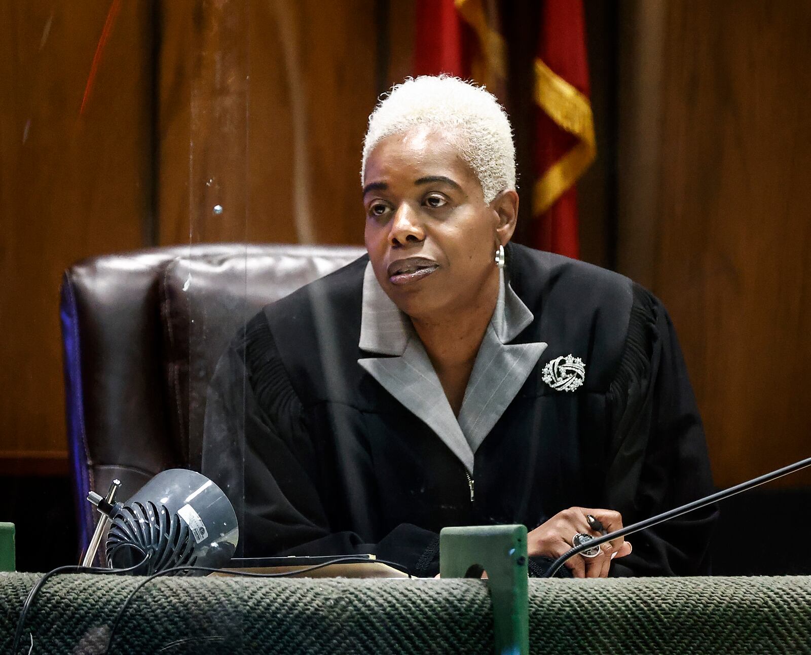 Shelby County Judge Jennifer Mitchell speaks to defendant Justin Johnson, after he was found guilty of murder in the death of Memphis rapper Young Dolph, in court in Memphis, Tenn., Thursday, Sept. 26, 2024. (Mark Weber/Daily Memphian via AP, Pool)