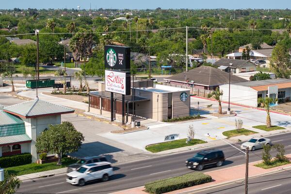 An aerial view shows a 3D printed Starbucks building Monday, April 28, 2025, in Brownsville, Texas. (AP Photo/Michael Gonzalez)
