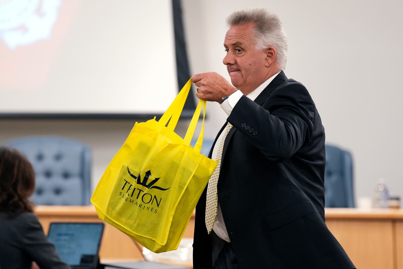 Triton Submarines chief executive officer Patrick Lahey departs after testifying at the Titan marine board of investigation hearing inside the Charleston County Council Chambers Friday, Sept. 20, 2024, in North Charleston, S.C. (Corey Connor via AP, Pool)