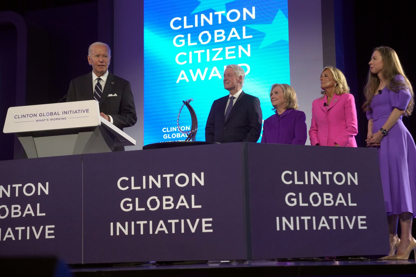 President Joe Biden speaks as he presented with the Global Citizen Award by former President Bill Clinton, former Secretary of State Hillary Clinton, first lady Jill Biden and Chelsea Clinton at the Clinton Global Initiative Monday, Sept. 23, 2024, in New York. (AP Photo/Manuel Balce Ceneta)