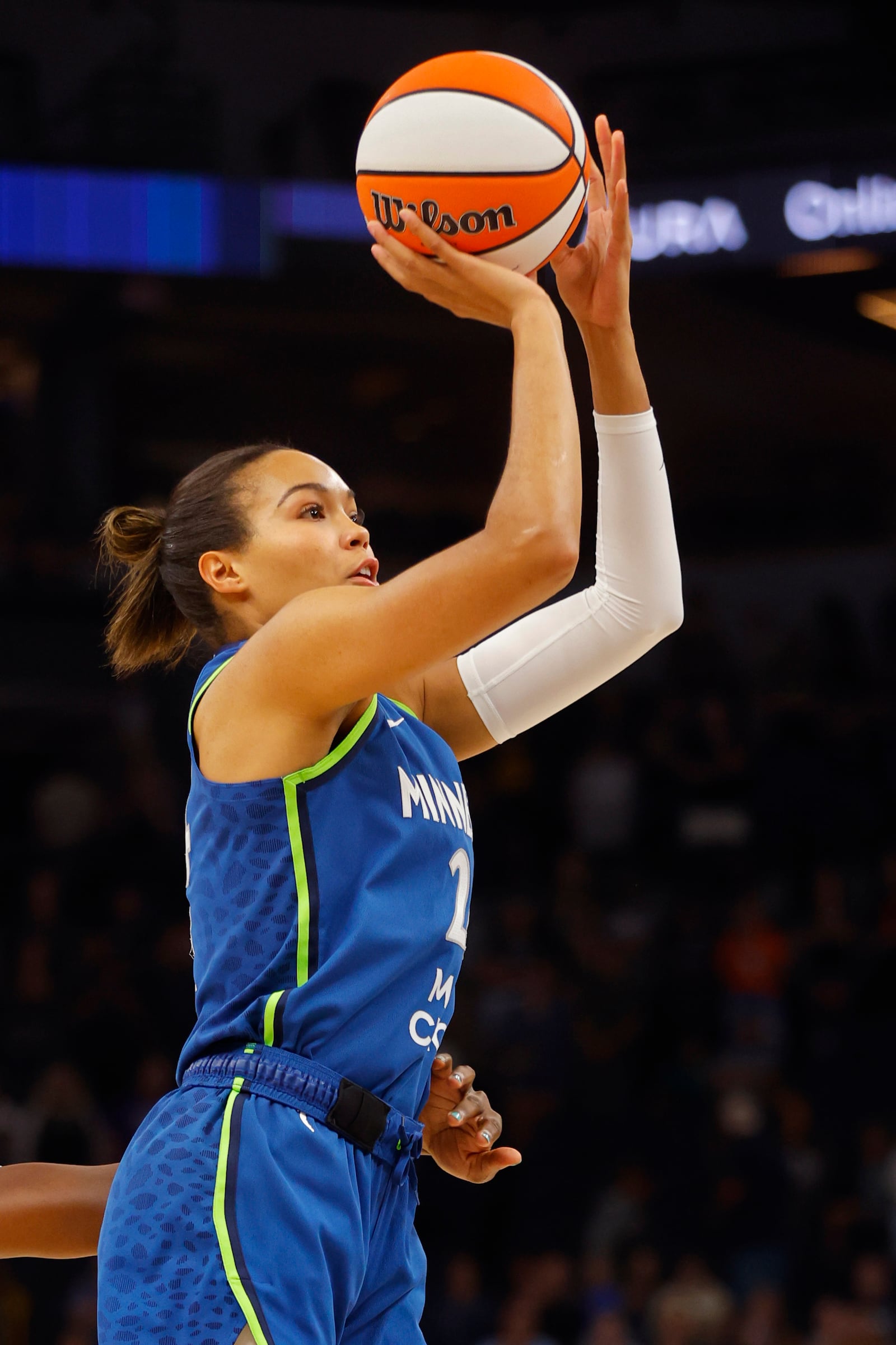 Minnesota Lynx forward Napheesa Collier shoots against the Chicago Sky in the first quarter of a WNBA basketball game Friday, Sept. 13, 2024, in Minneapolis. (AP Photo/Bruce Kluckhohn)