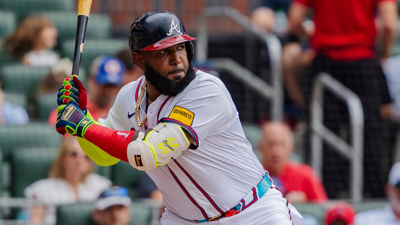 Atlanta Braves' Marcell Ozuna waits for the pitch in the fifth inning of a baseball game against the New York Mets, Monday, Sept. 30, 2024, in Atlanta. (AP Photo/Jason Allen)