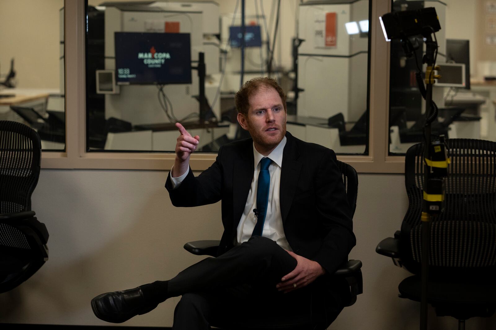 FILE - Maricopa County Recorder Stephen Richer, a Republican, gestures during an interview with the Associated Press in Phoenix, Tuesday, March 5, 2024. (AP Photo/Serkan Gurbuz, File)