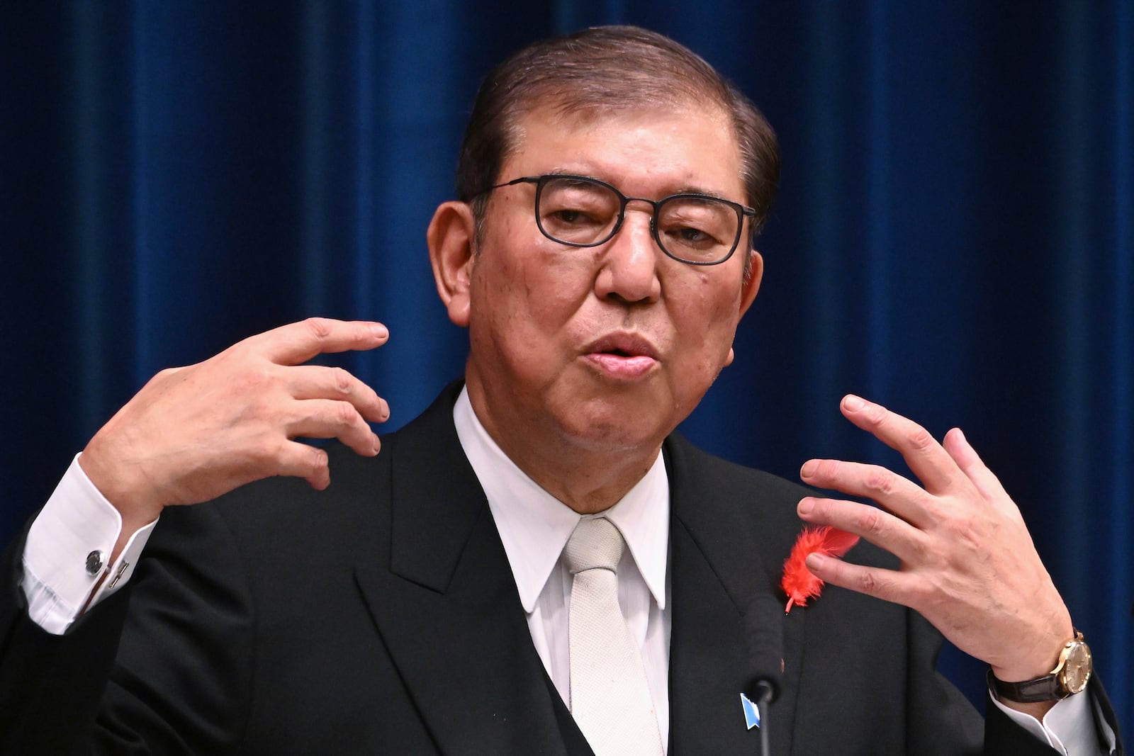 Japan's newly elected Prime Minister Shigeru Ishiba speaks during a press conference at the prime minister's office in Tokyo Tuesday, Oct. 1, 2024. (Yuichi Yamazaki/pool photo via AP)