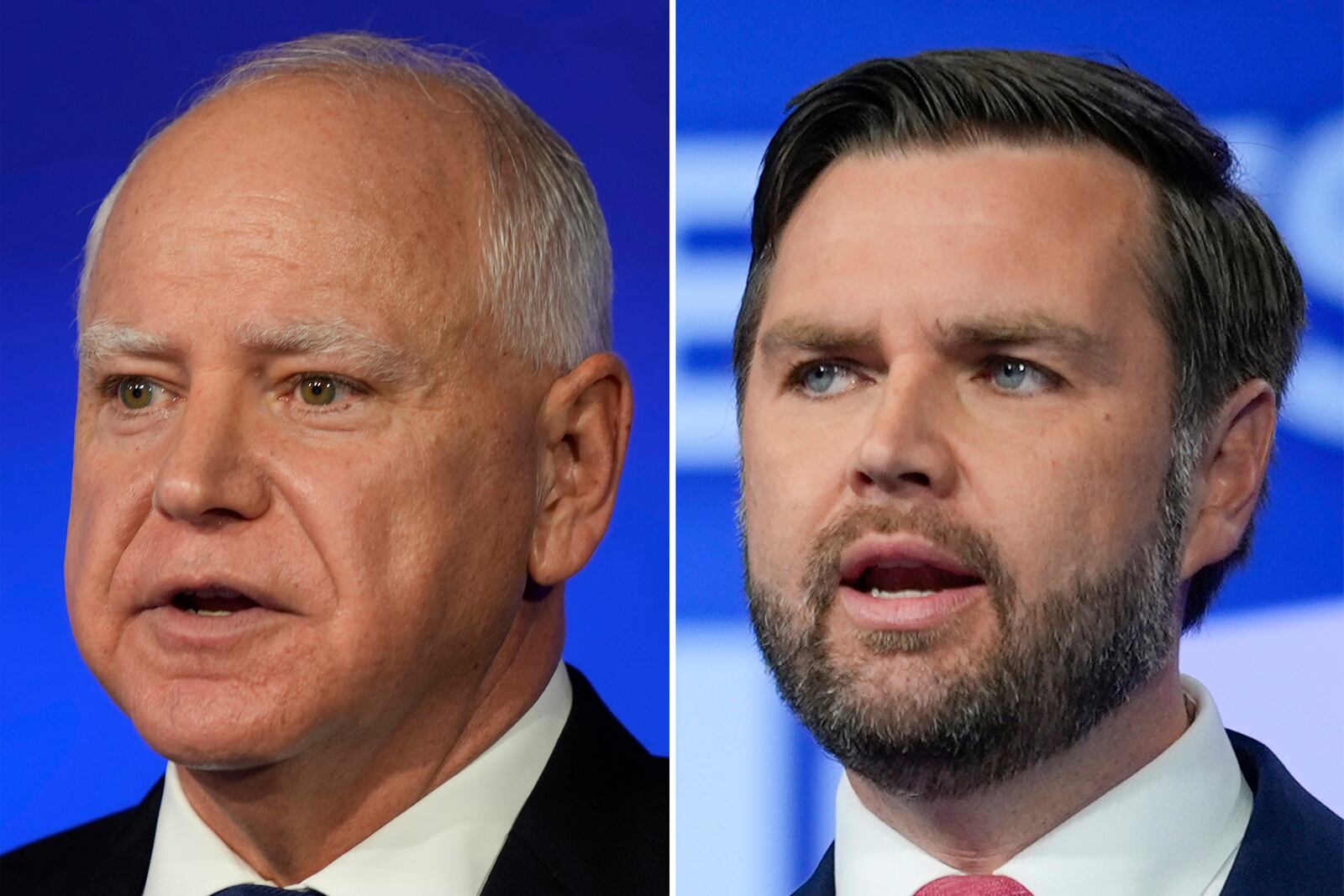 This combination image shows Democratic vice presidential nominee Minnesota Gov. Tim Walz, left, and Republican vice presidential nominee Sen. JD Vance, R-Ohio, right, during a vice presidential debate hosted by CBS News, Tuesday, Oct. 1, 2024, in New York. (AP Photo)