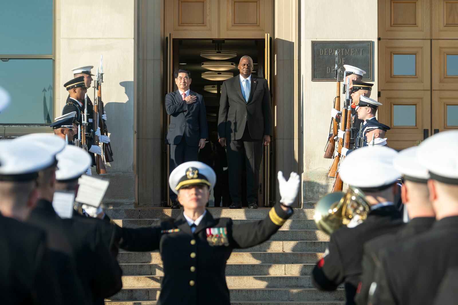 Defense Secretary Lloyd Austin, center right, welcomes South Korean Defense Minister Kim Yong Hyun, center left, to the Pentagon on Wednesday, Oct. 30, 2024 in Washington. (AP Photo/Kevin Wolf)