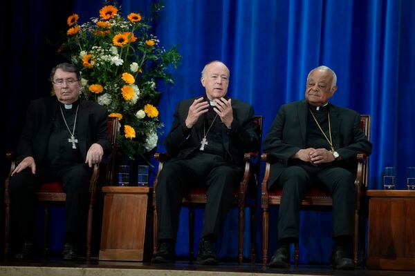 From left, U.S. Cardinals, Christophe Pierre, apostolic nuncio to the USA, Robert McElroy of Washington, and Wilton Gregory, archbishop emeritus of Washington, attend a press conference at the North American College in Rome, Friday, May 9, 2025, one day after U.S. Cardinal Robert Francis Prevost was elected Pope Leo XIV. (AP Photo/Gregorio Borgia)