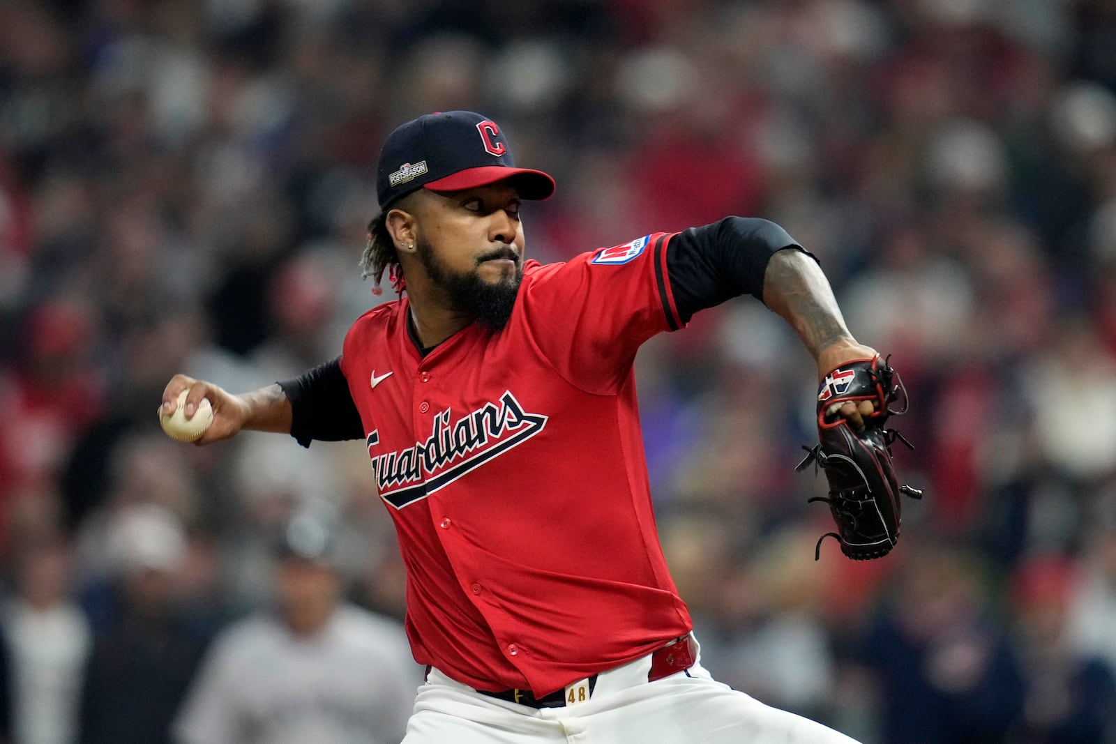 Cleveland Guardians pitcher Emmanuel Clase throws against the New York Yankees during the ninth inning in Game 5 of the baseball AL Championship Series Saturday, Oct. 19, 2024, in Cleveland. (AP Photo/Sue Ogrocki)