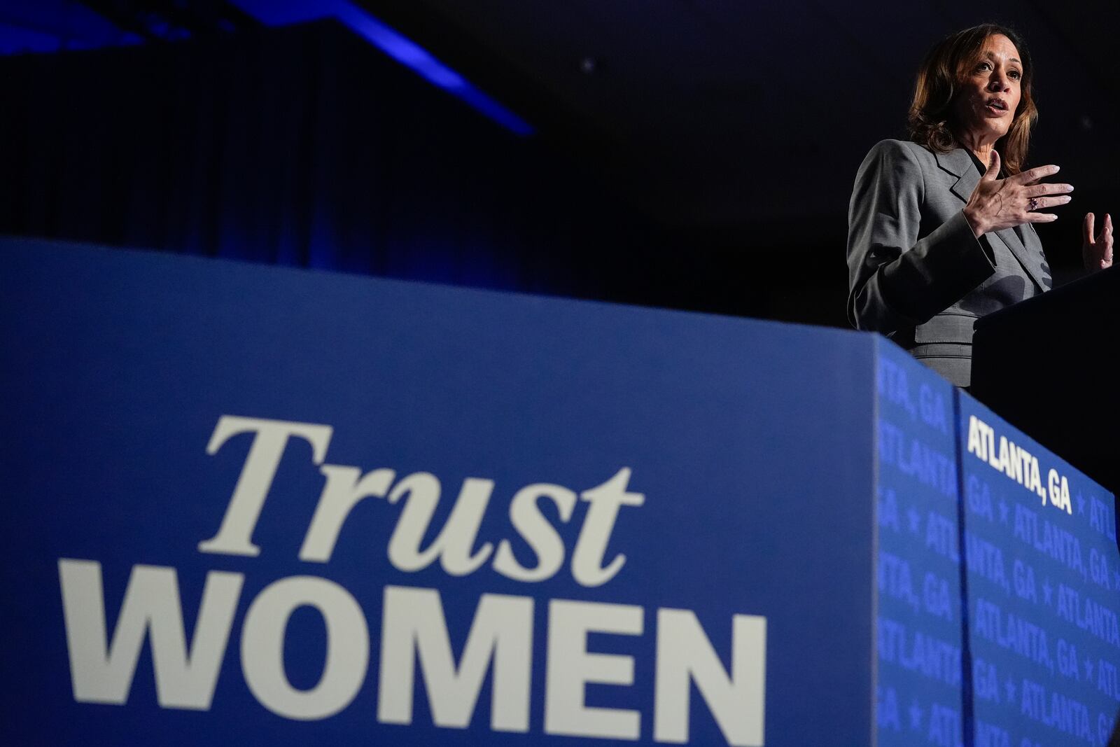 Democratic presidential nominee Vice President Kamala Harris speaks during a campaign event on Friday, Sept. 20, 2024, in Atlanta. (AP Photo/Brynn Anderson)