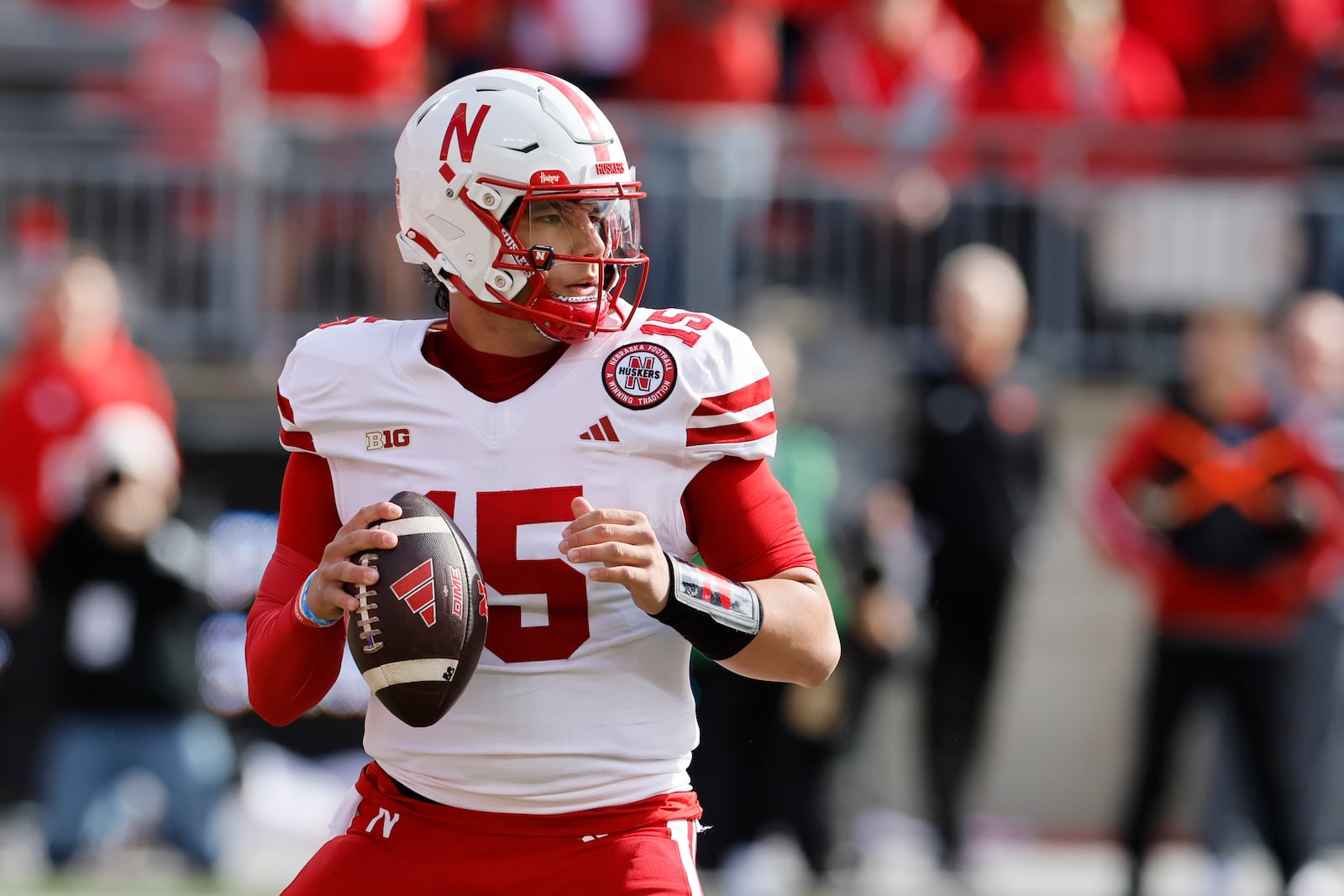 Nebraska quarterback Dylan Raiola drops back to pass against Ohio State during the first half of an NCAA college football game Saturday, Oct. 26, 2024, in Columbus, Ohio. (AP Photo/Jay LaPrete)