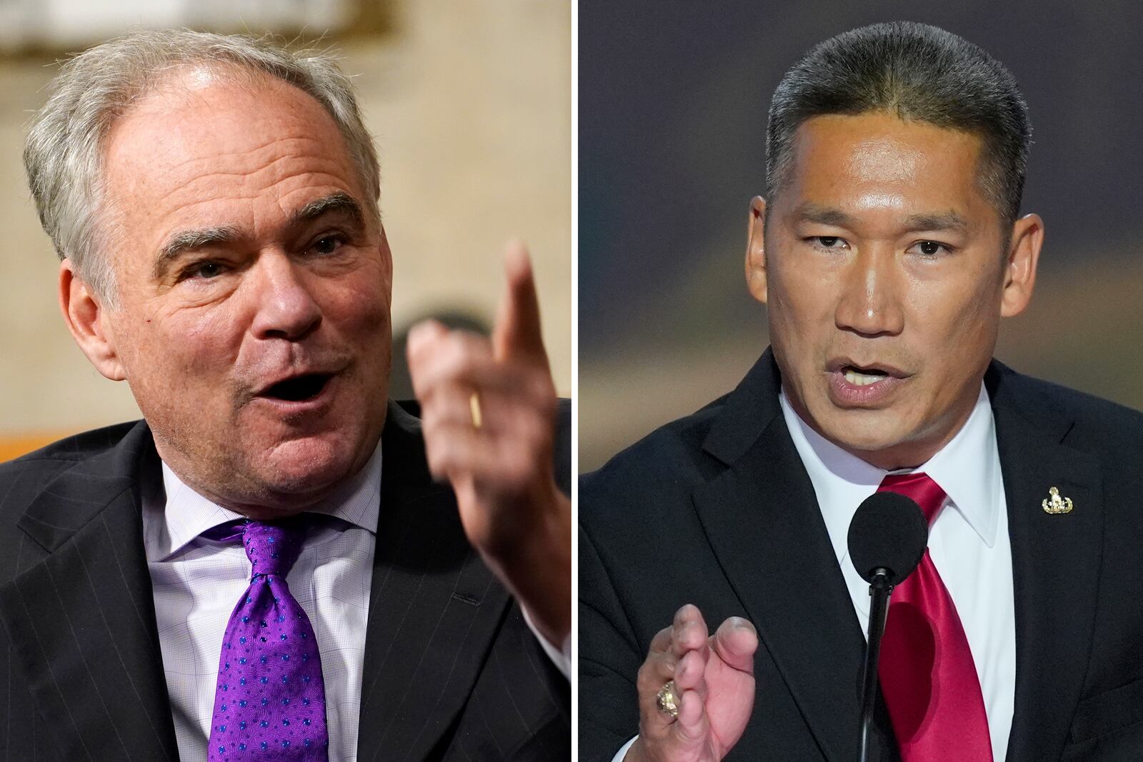 FILE - This combination file photos shows, from left,Sen. Tim Kaine, D-Va, on Sept. 24, 2020, on Capitol Hill in Washington, and Hung Cao, July 16, 2024, in Milwaukee. (AP Photo/Susan Walsh, left, J. Scott Applewhite)