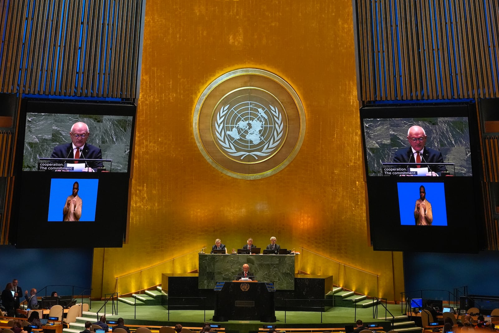 Bulgaria's Prime Minister Dimitar Glavchev speaks to the United Nations General Assembly during Summit of the Future, Sunday, Sept. 22, 2024 at U.N. headquarters. (AP Photo/Frank Franklin II)