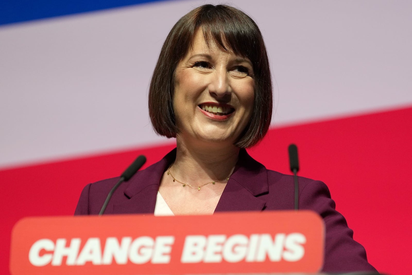 Britain's Chancellor of the Exchequer Rachel Reeves speaks during the Labour Party Conference in Liverpool, England, Monday, Sept. 23, 2024.(AP Photo/Jon Super)