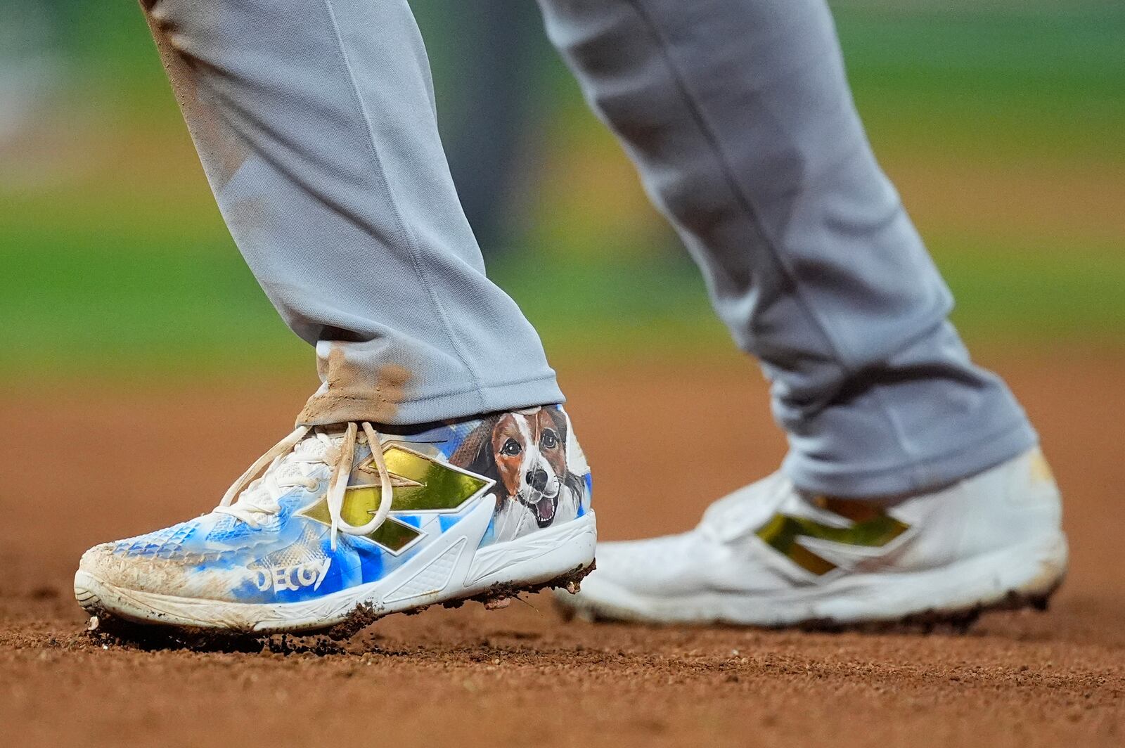 Los Angeles Dodgers' Shohei Ohtani wears a pair of spikes adorned with a photograph of his dog, Decoy, in the fifth inning of a baseball game against the Colorado Rockies, Saturday, Sept. 28, 2024, in Denver. (AP Photo/David Zalubowski)