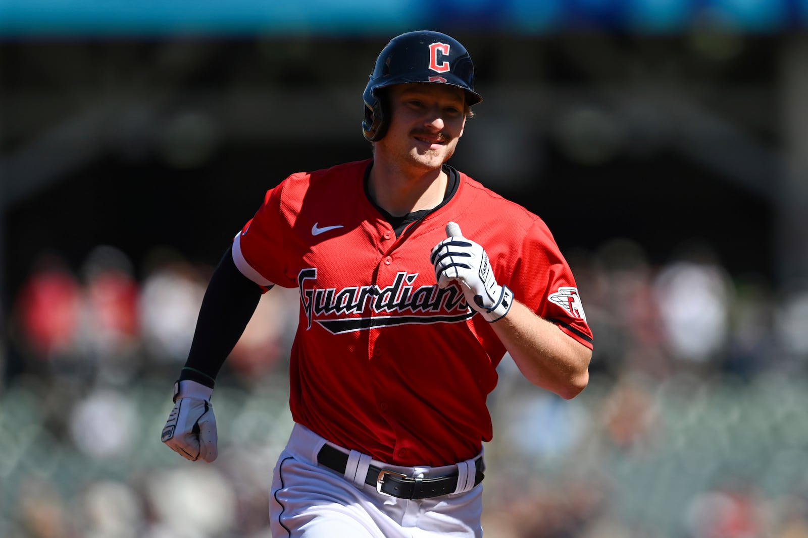 Cleveland Guardians' Kyle Manzardo runs the bases after hitting a solo home run during the first inning of a baseball game against the Minnesota Twins, Thursday, Sept. 19, 2024, in Cleveland. (AP Photo/Nick Cammett)