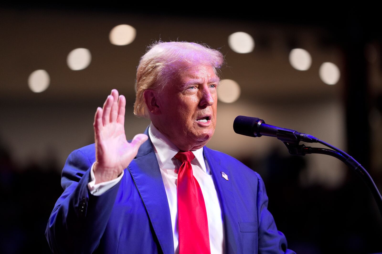 Republican presidential nominee former President Donald Trump speaks at a campaign event at the Indiana University of Pennsylvania Ed Fry Arena, Monday, Sept. 23, 2024, in Indiana, Pa. (AP Photo/Alex Brandon)