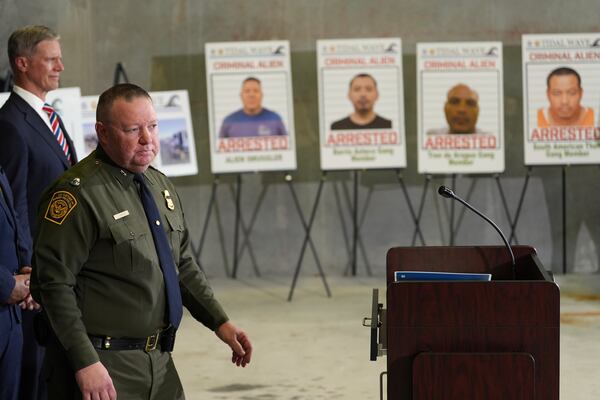 Jeffrey Dinise, chief patrol agent for the U.S. Border Patrol-Miami Sector, participates in a press conference with Gov. Ron DeSantis at the South Florida office of U.S. Immigration and Customs Enforcement and Enforcement and Removal Operations, Thursday, May 1, 2025, in Miramar, Fla. (AP Photo/Rebecca Blackwell)