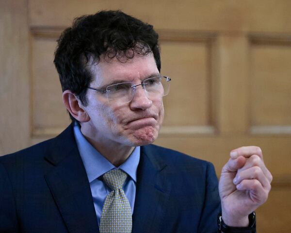 Defense attorney Robert Alessi cross-examines digital forensics analyst Shanon Burgess during the retrial of Karen Read in the Norfolk Superior Court, Monday, May 19, 2025, in Dedham, Mass. (Pat Greenhouse/The Boston Globe via AP, Pool)