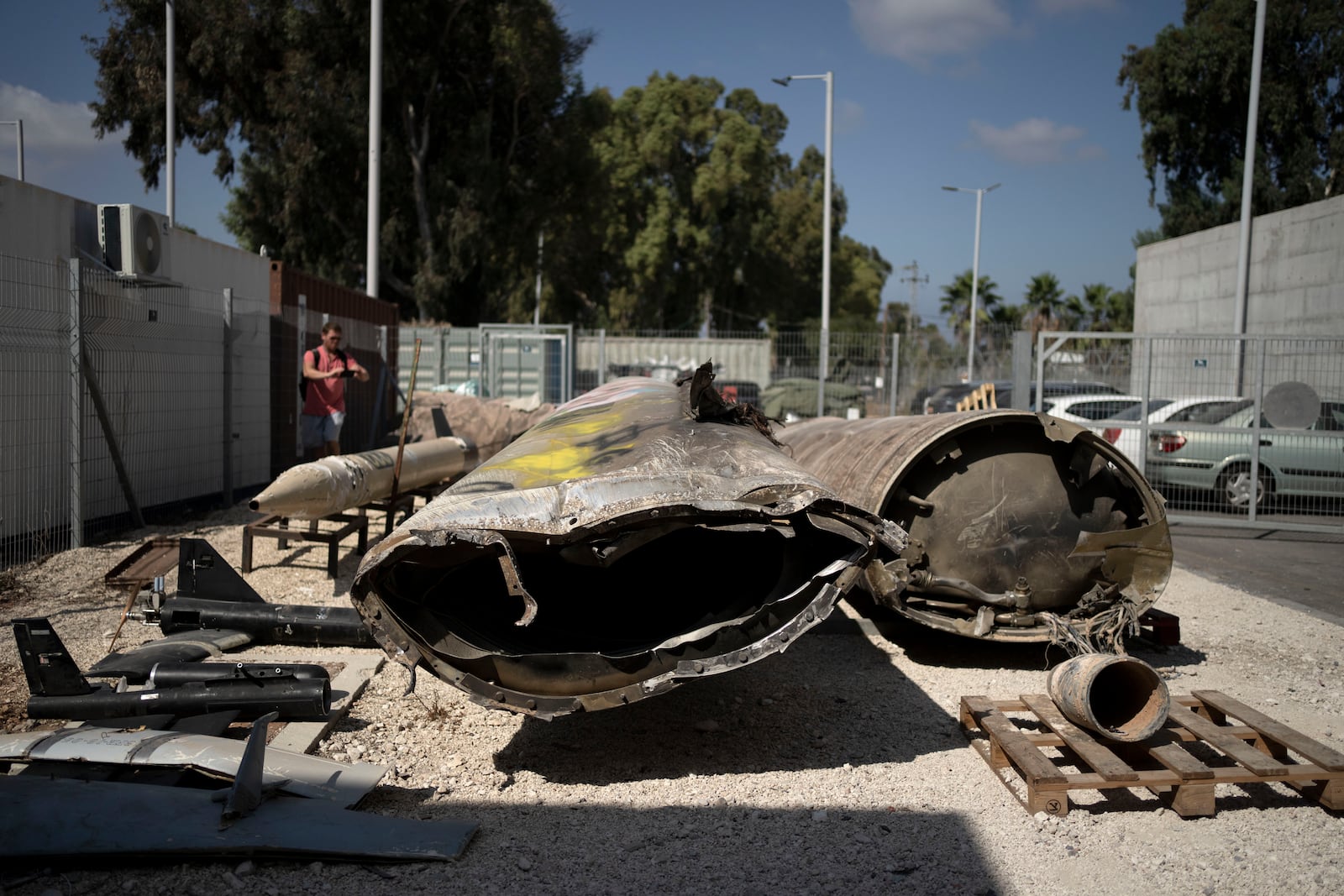 Iranian ballistic missile components that were fired at Israel are displayed during a government-organized media tour on a base in southern Israel, Wednesday, Oct. 9, 2024. (AP Photo/Maya Alleruzzo)