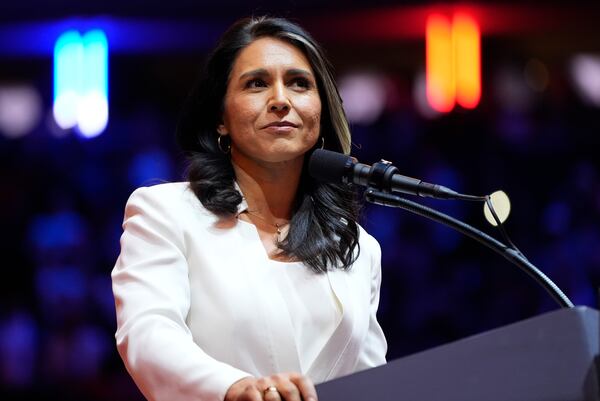 FILE - Tulsi Gabbard speaks before Republican presidential nominee former President Donald Trump at a campaign rally at Madison Square Garden, Oct. 27, 2024, in New York. (AP Photo/Alex Brandon, File)