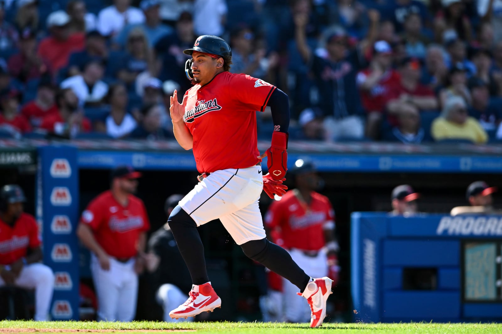 Cleveland Guardians' Josh Naylor scores on a sacrifice fly ball hit by Brayan Rocchio during the sixth inning of a baseball game against the Minnesota Twins, Thursday, Sept. 19, 2024, in Cleveland. (AP Photo/Nick Cammett)